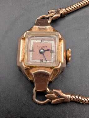 Vintage Bulova 14K Gold Filled Ladies Watch Rose Tone Dial Art Deco AS-IS